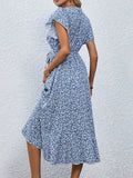 V Neck Floral Short Sleeve Asymmetric Hem Dress