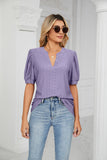 V-Neck Solid Color Hollow Puff Sleeve Loose T-Shirts