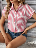 Summer V-neck Pocket Striped Printed Shirts