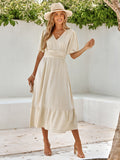 V-Neck Ruffle Sleeve Solid Color Long Dress