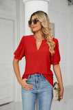 V-Neck Solid Color Hollow Puff Sleeve Loose T-Shirts