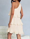 Off-Shoulder Layered Hem Pleated Sleeveless Dress