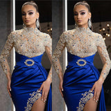 Blue Gold-Sprinkled Slit Half Turtleneck Evening Dresses