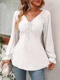 V-Neck Drawstring Waist Sexy Long Sleeve Solid Color T-Shirt