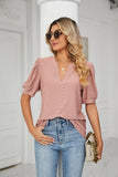 V-Neck Solid Color Hollow Puff Sleeve Loose T-Shirts