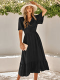 V-Neck Ruffle Sleeve Solid Color Long Dress