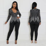 V-Neck Rhinestone Long-Sleeved Trousers Jumpsuit