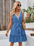 Solid V-Neck Sleeveless Lace Waistband Dress