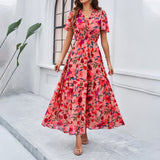 Printed V-Neck Waist Dresses