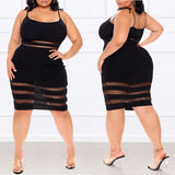 Spaghetti Strap Mesh Patchwork Midi Plus Size Dresses