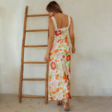 Backless V-Neck Printed Suspender Long Dress