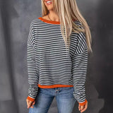 Crew Neck Striped Long Sleeve Casual Sweater