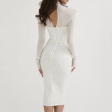 Hollow Out Low Cut Transparent Mesh Long Sleeved Dress