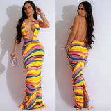 Printed Sleeveless Deep V Backless Maxi Dress