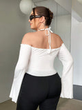 Plus Size Bateau Collar Flared Long Sleeve Top