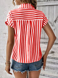 Summer V-neck Pocket Striped Printed Shirts