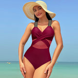 Solid Color Mesh Webbing One-Piece Swimsuit