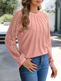 Lace Panel Round Neck Pleated Long Sleeve Top