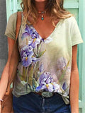 Casual Fit Pullover V Neck Short Sleeve Floral Printed T-Shirt