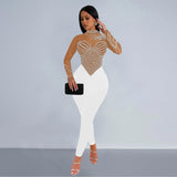 Mesh Rhinestone Long-Sleeved Trousers Jumpsuit