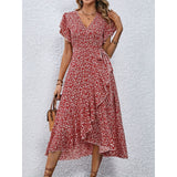 V Neck Floral Short Sleeve Asymmetric Hem Dress