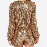 Deep V-Waisted Long Sleeved Hip Wrap Sequin Jumpsuits