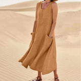 Sleeveless Round Neck Cotton And Linen Dress