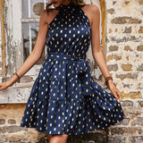 Halter Neck Strappy Pleated Sleeveless Polka Dot Dresses