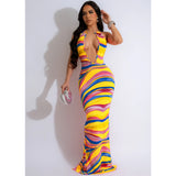 Printed Sleeveless Deep V Backless Maxi Dress