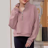 Cropped Stand Collar Thumb Hole Fleece Sweatshirt