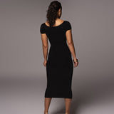 One Line Collar Ribbed Long Slim Fit Dresses