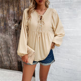 Solid Color V-Neck Long-Sleeved Tops