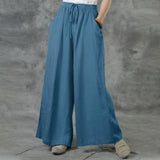 Casual Fit Solid Color High Waist Front Drawstring Wide Leg Pants