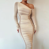 Sexy Mesh Spliced Slant Neck Off-Shoulder Slim Long Dress