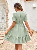V-Neck Solid Color Ruffle Sleeve Dress