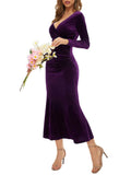 Velvet Long Sleeve V neck Fishtail Midi Dresses