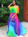 Off Shoulder Colorful Ombre Pleated Maxi Dresses