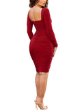 Long Sleeves Square Neck Ruched Midi Dresses