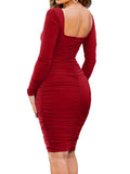 Square Neck Backless Ruched Midi Dresses