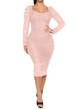 Mesh Sleeves Ruched Bodycon Midi Dresses