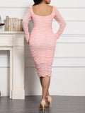 Mesh Sleeves Ruched Bodycon Midi Dresses