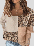 Round Neck Button Leopard Print Long Sleeve T-Shirt Shopvhs.com