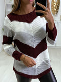 Round Neck Color Blocking Irregular Long Sleeve Sweater Shopvhs.com