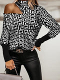 Round Neck Geometric Print Off-Shoulder Long Sleeve T-Shirt Shopvhs.com
