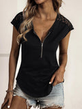 Round Neck Half Zipper Lace Short Sleeve T-Shirt Shopvhs.com