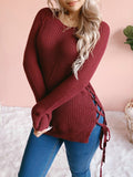 Round Neck Solid Belted Long Sleeve Sweater Shopvhs.com