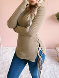 Round Neck Solid Belted Long Sleeve Sweater Shopvhs.com