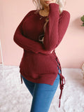 Round Neck Solid Belted Long Sleeve Sweater