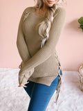 Round Neck Solid Belted Long Sleeve Sweater Shopvhs.com