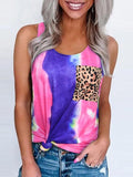 Round Neck Tie-dye Leopard Print Pocket Tank Top Shopvhs.com